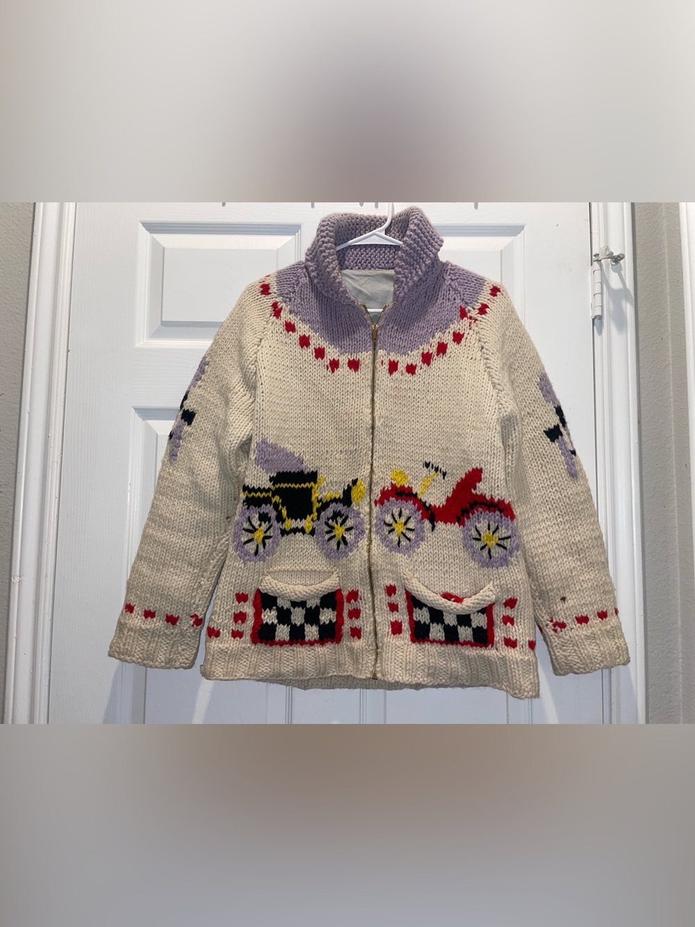 Vintage Cowichan Wool Chunky Hand Knit Cardigan Zip Sweater
